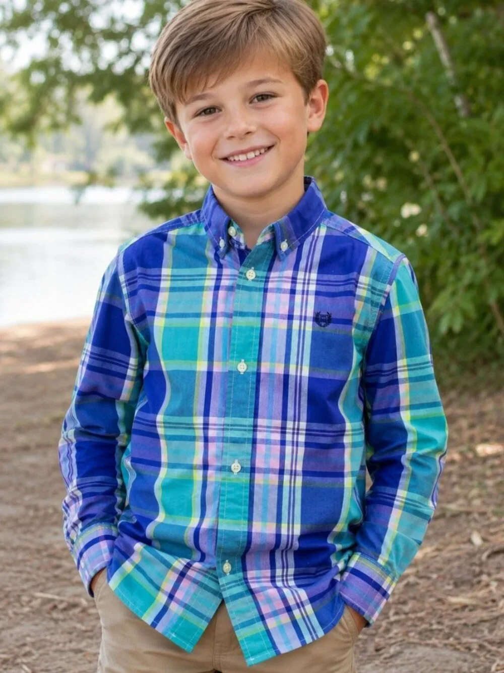 Vintage Style Chaps Boys Plaid Button Down Shirt Blue Preppy Size 7